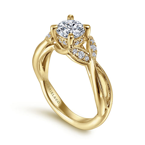 14K Yellow Gold Floral Twist Round Diamond Semi-Mount Ring .14CTW.