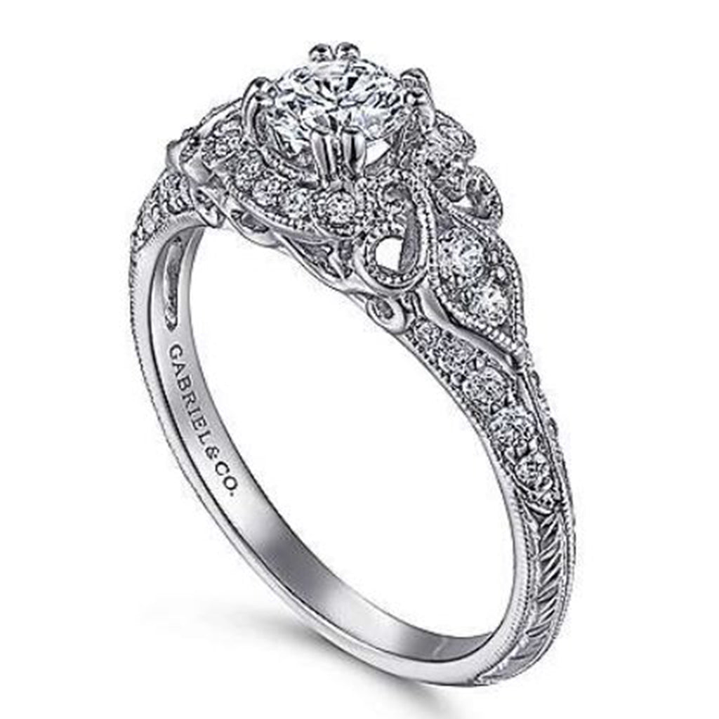 14K White Gold Halo Vintage Round Diamond Semi-Mount Ring 0.30CTW.
