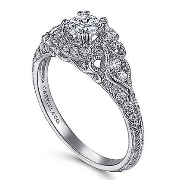 14K White Gold Halo Vintage Round Diamond Semi-Mount Ring 0.30CTW.