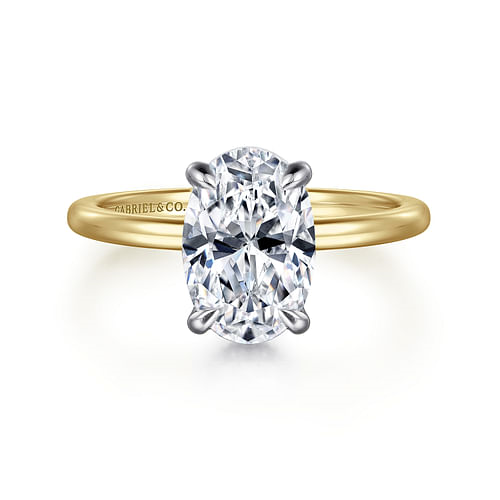 14K Yellow Gold Solitaire Hidden Halo Oval Diamond Semi-Mount Ring CTW.