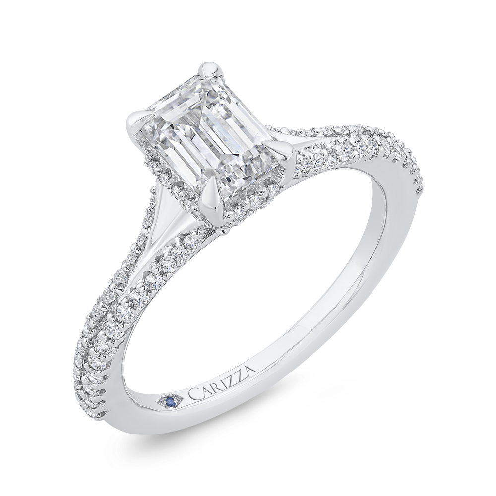 14K White Gold Split Shank Accented Emerald Diamond Semi-Mount Ring .39CTW.