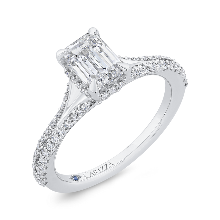 14K White Gold Split Shank Accented Emerald Diamond Semi-Mount Ring .39CTW.