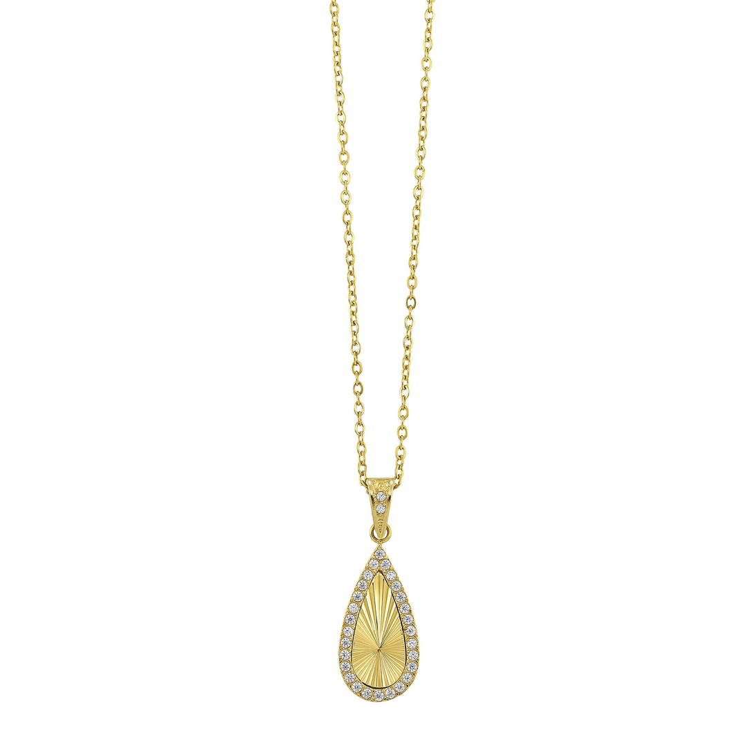 Stainless Steel Gold Plated Cubic Zirconia Fluted Pear Pendant