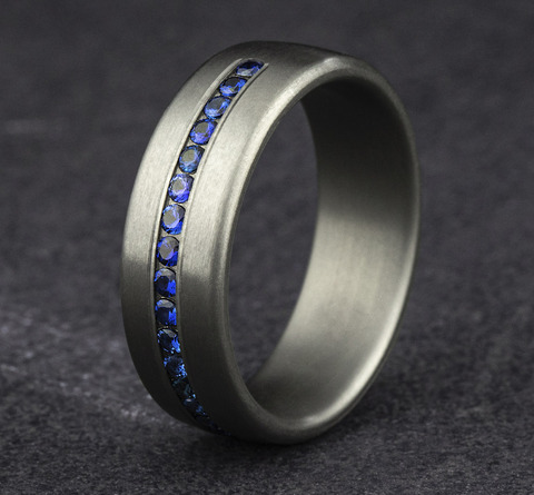 Dark Gray Tantalum Satin Comfort Fit 7.5mm Wedding Band with .40CTW. Natural Sapphires