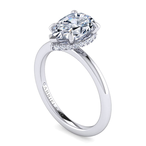 14K White Gold Solitaire Hidden Halo Pear Diamond Semi-Mount Ring .13CTW.