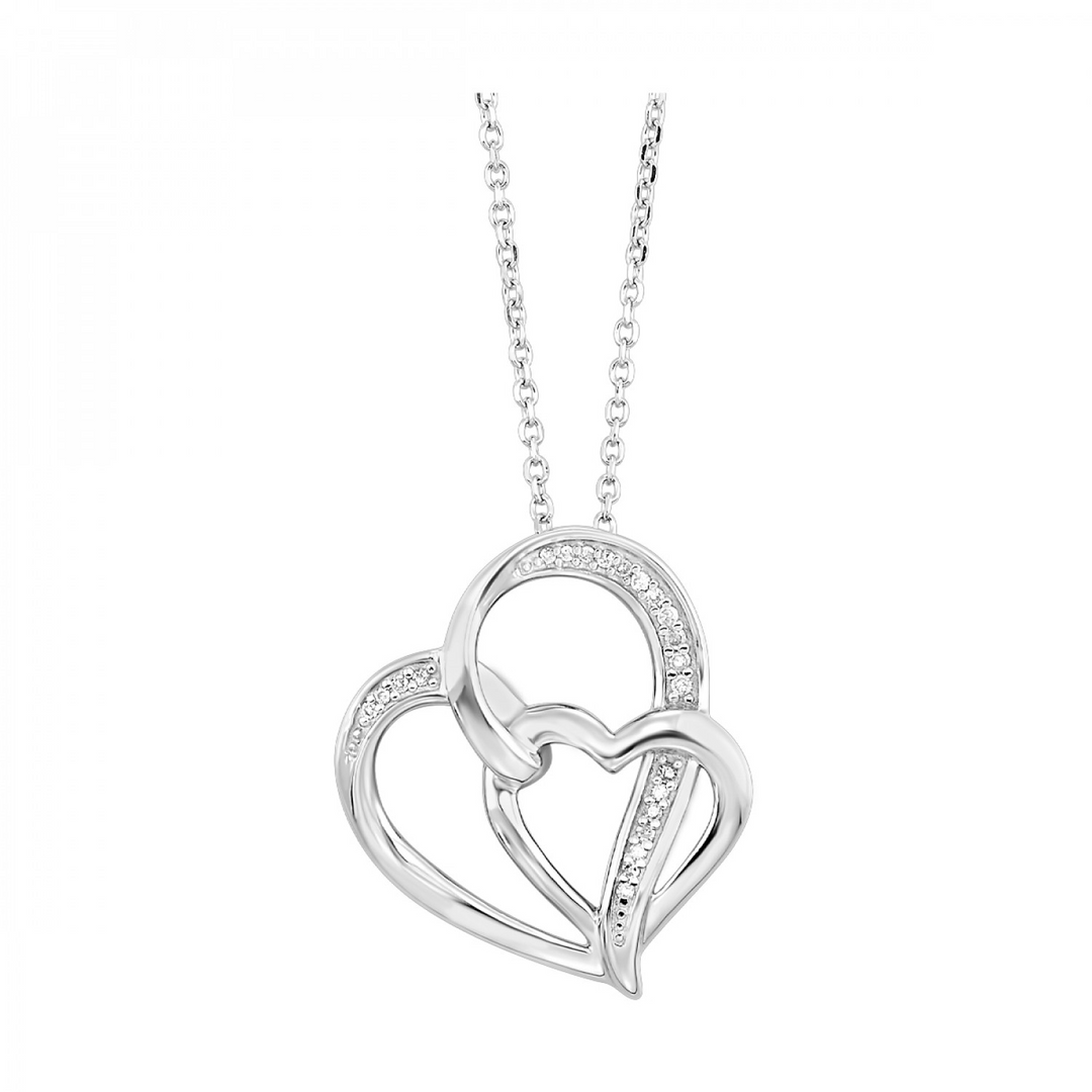 Sterling Silver .05CTW. Natural Diamond Double Heart Pendant Necklace