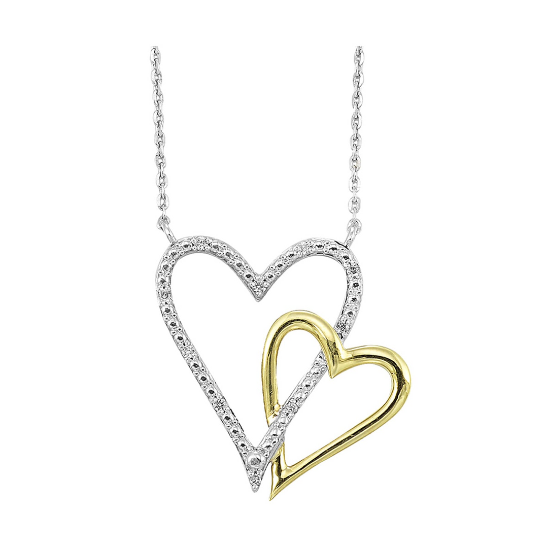 10K Yellow Gold and Sterling Silver Natural Diamond Heart Pendant Necklace