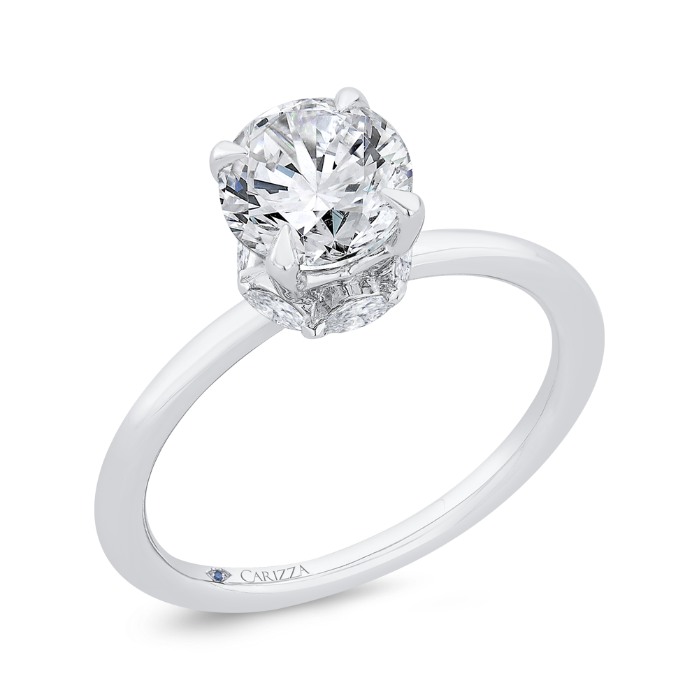 14K White Gold Solitaire Hidden Halo Round Diamond Semi-Mount Ring .17CTW.