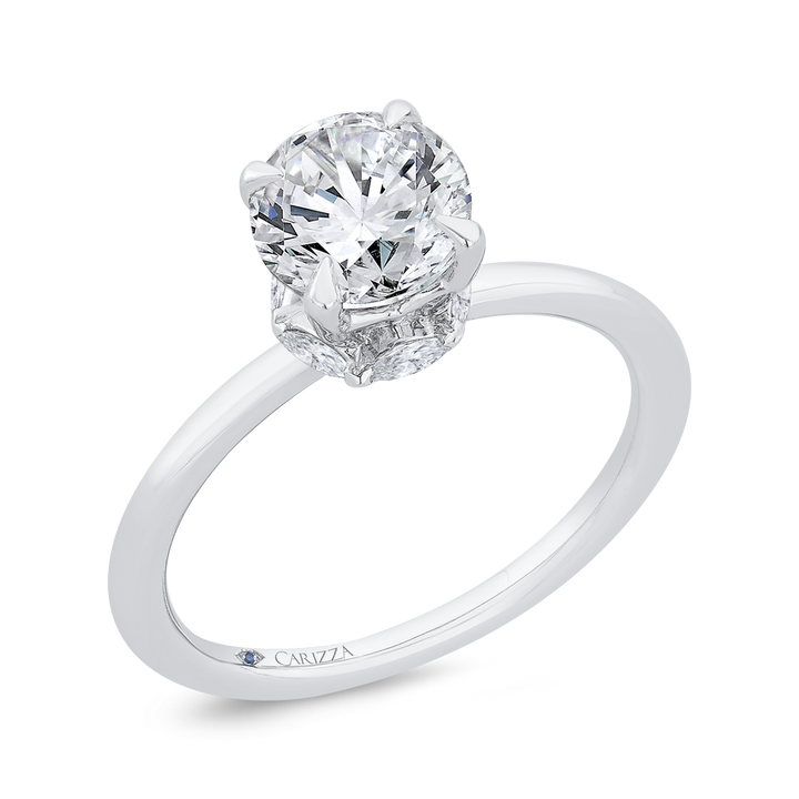 14K White Gold Solitaire Hidden Halo Round Diamond Semi-Mount Ring .17CTW.