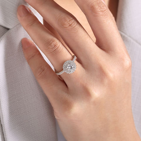 14K White Gold Double Halo Accented Round Diamond Semi-Mount Ring CTW.