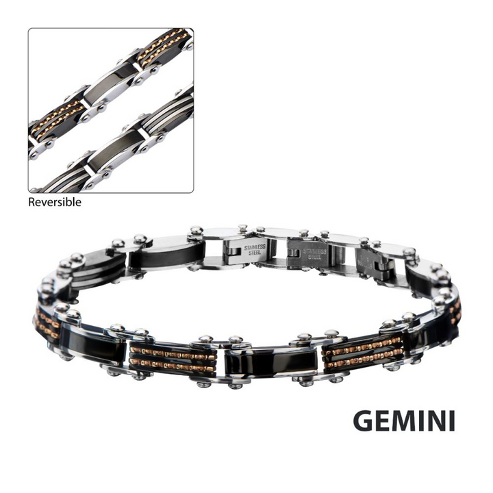Stainless Steel, Black IP & Rose Gold IP Reversible Bracelet with Fold Over Clasp