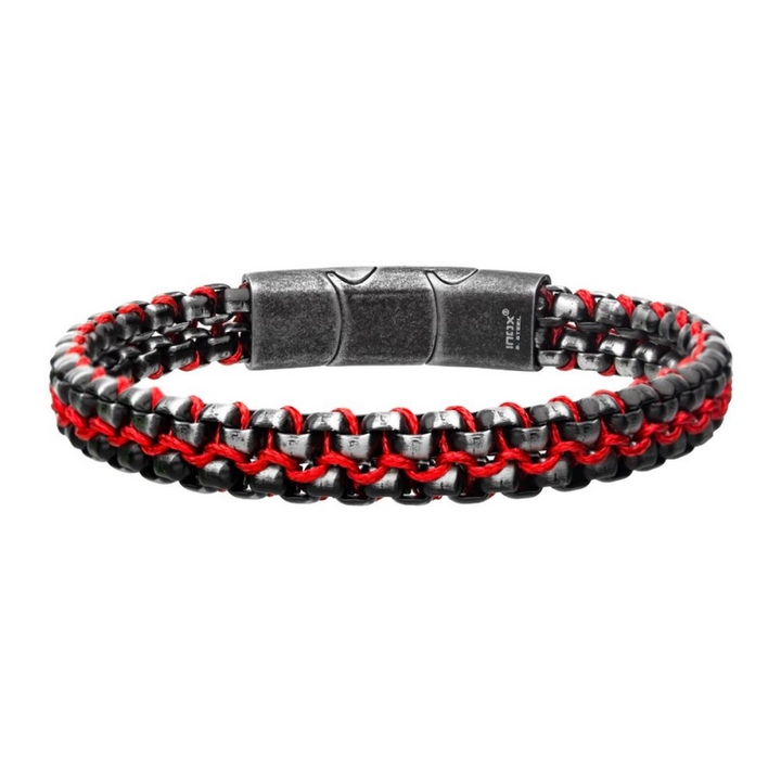 Steel Box Chain Bracelet with Red Wax Cord