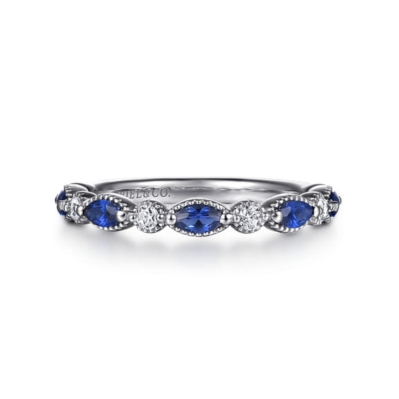 14K White Gold Sapphire and Diamond Wedding Band