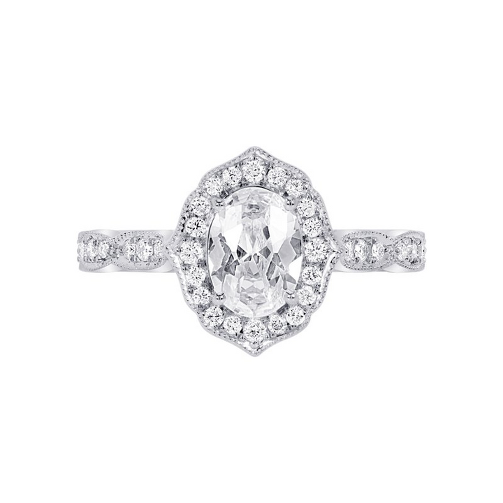 14K White Gold Vintage Halo Oval Diamond Semi-Mount Ring 0.21CTW.