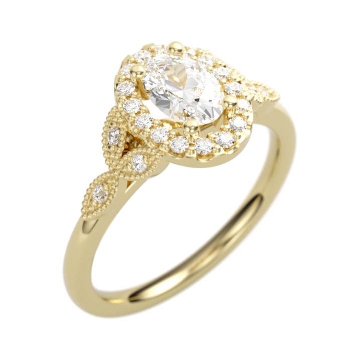 14K Yellow Gold Floral Halo Oval Diamond Semi-Mount Ring .15CTW.