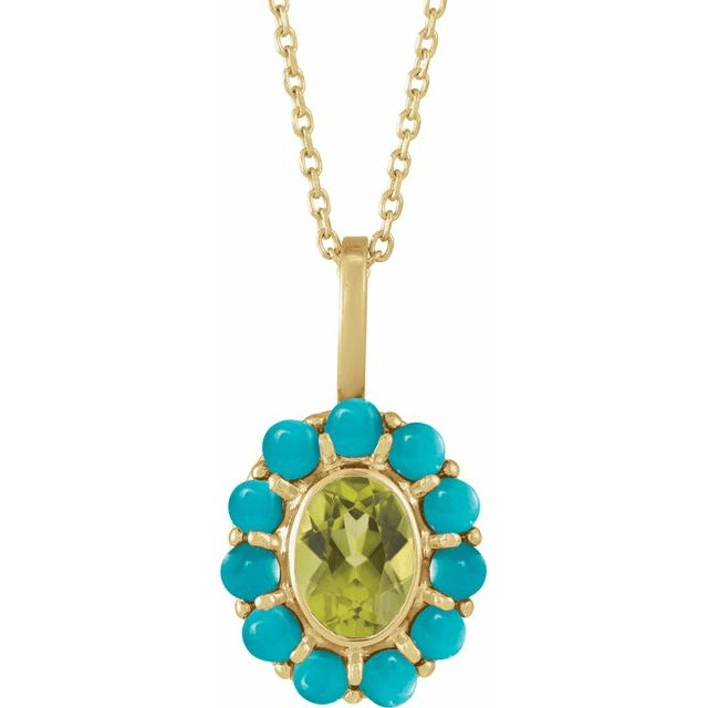 14K Yellow Gold Natural Peridot and Turqoiuse Halo Pendant Necklace
