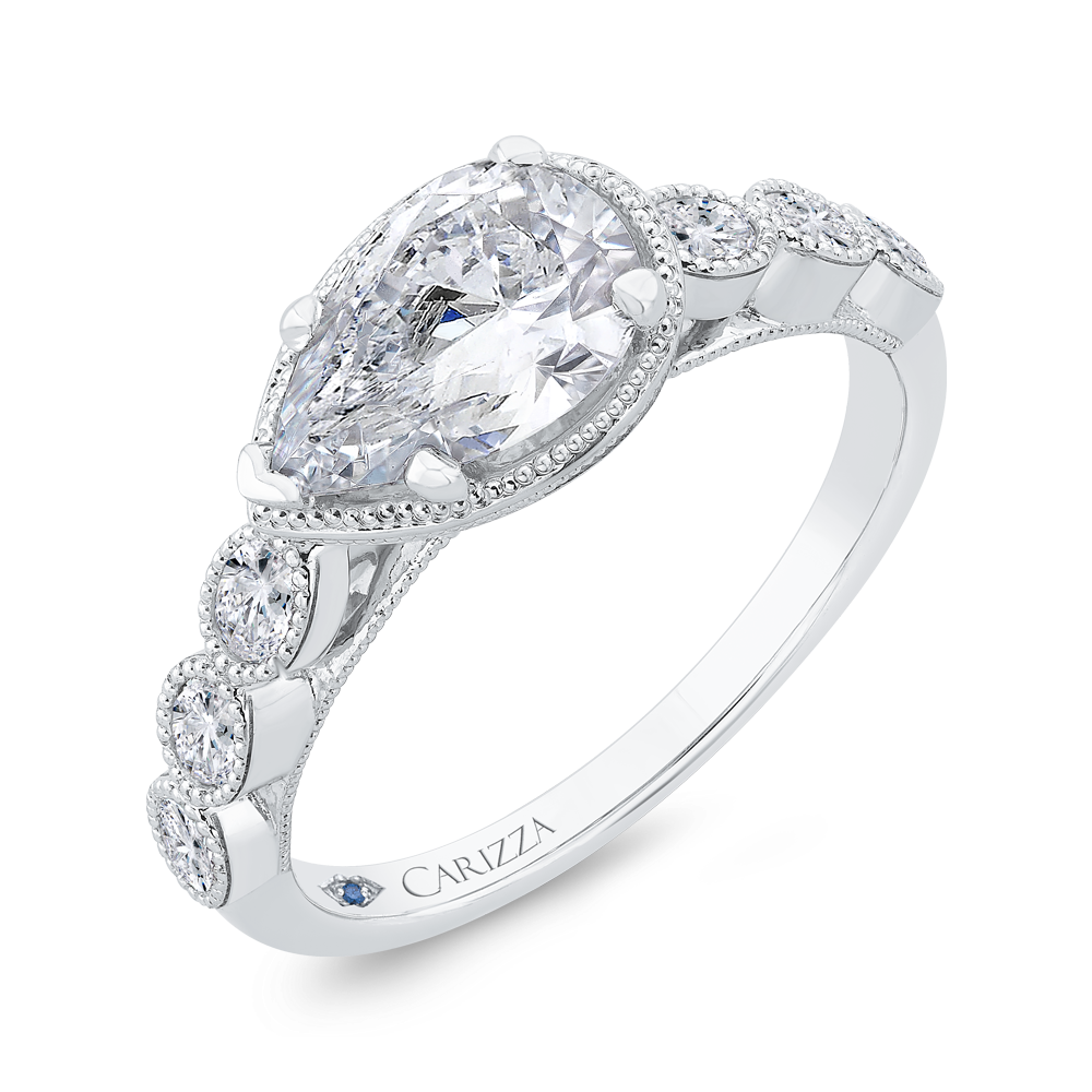 14K White Gold Accented Pear Diamond Semi-Mount Ring .38CTW.