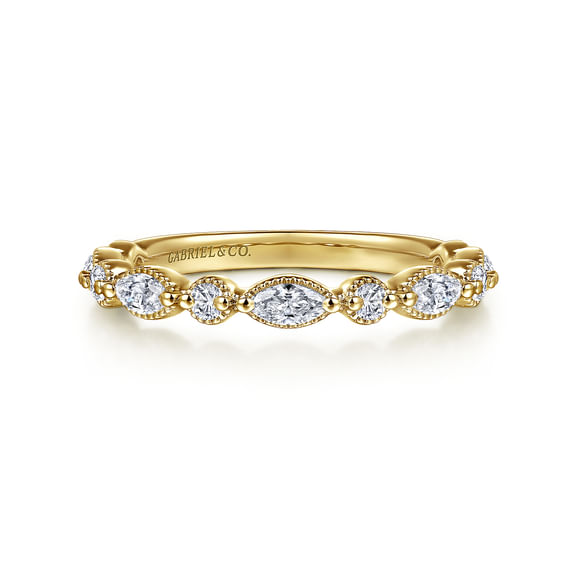 14K Yellow Gold Double Prongs Marquise and Round Diamond Anniversary Band