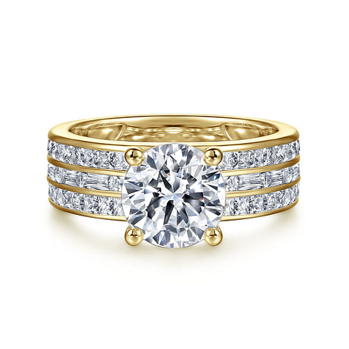 14K Yellow Gold Wide Band Channel Round Diamond Semi-Mount Ring 1.21CTW.