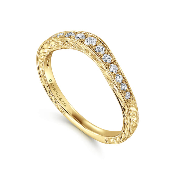 Vintage Inspired Curved 14K Yellow Gold Micro Pave Diamond Anniversary Band