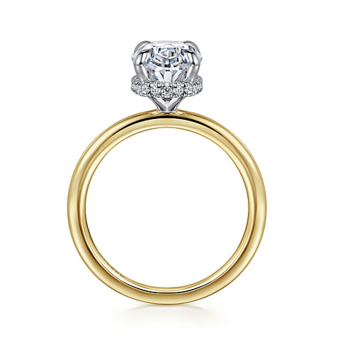 14K Yellow Gold Solitaire Hidden Halo Oval Diamond Semi-Mount Ring CTW.