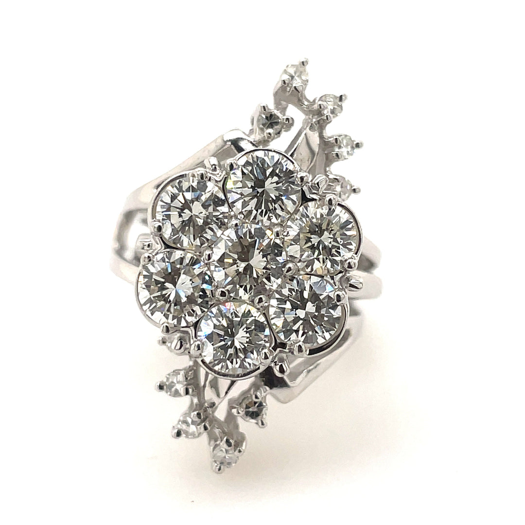 14K White Gold Large 2.95CTW Floral Cluster Ring with Double Banded Ring Guard