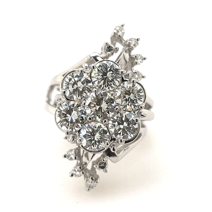 14K White Gold Large 2.95CTW Floral Cluster Ring with Double Banded Ring Guard