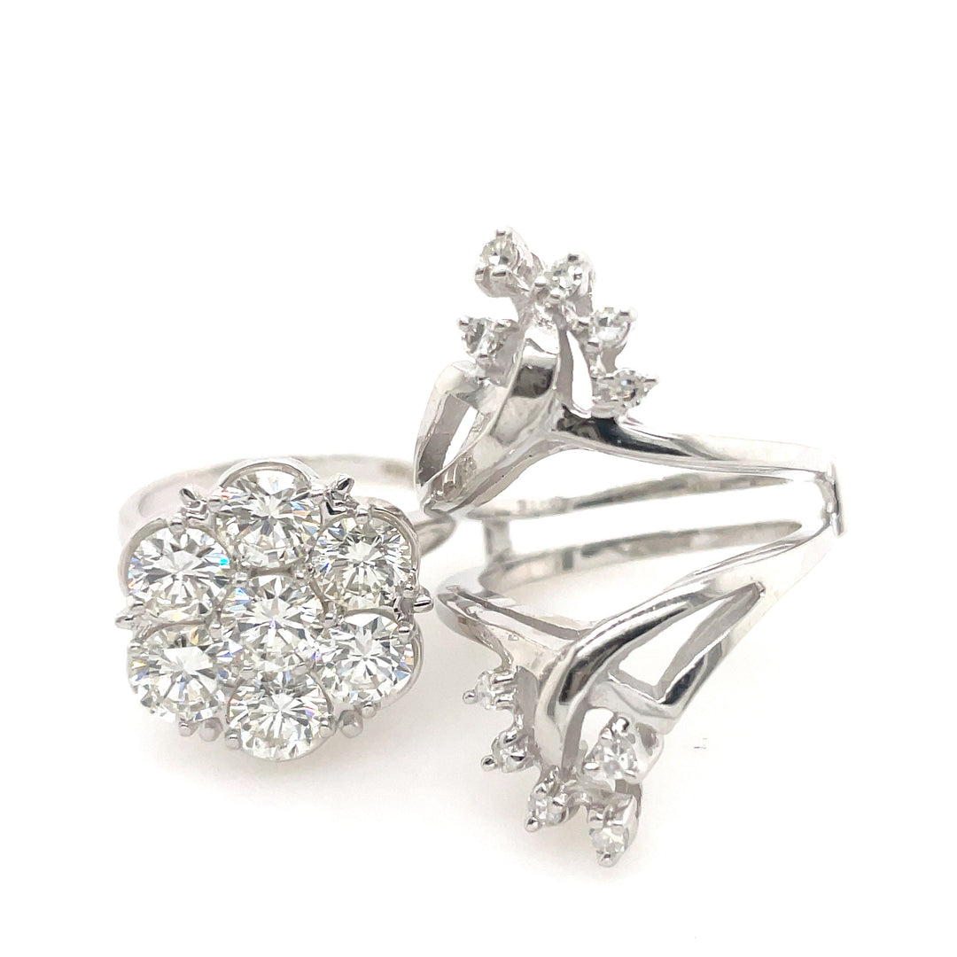 14K White Gold Large 2.95CTW Floral Cluster Ring with Double Banded Ring Guard