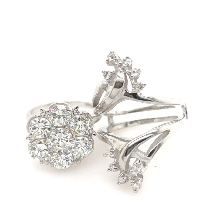 14K White Gold Large 2.95CTW Floral Cluster Ring with Double Banded Ring Guard