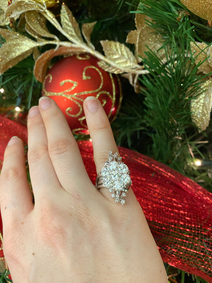 14K White Gold Large 2.95CTW Floral Cluster Ring with Double Banded Ring Guard