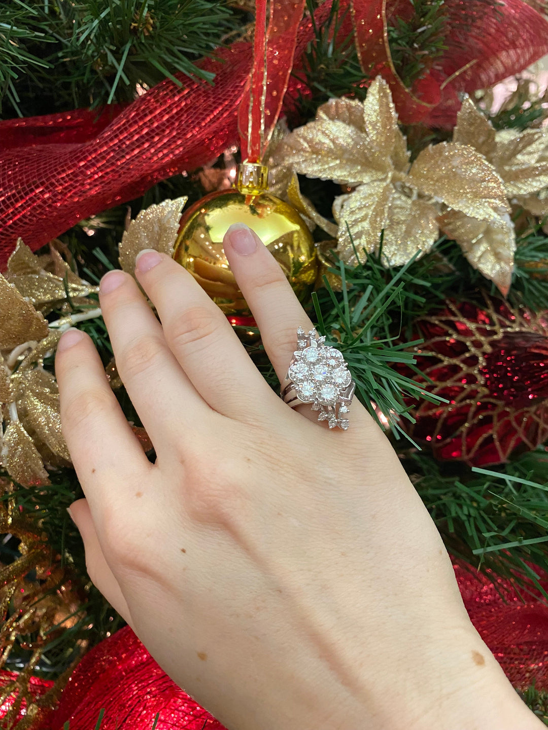 14K White Gold Large 2.95CTW Floral Cluster Ring with Double Banded Ring Guard