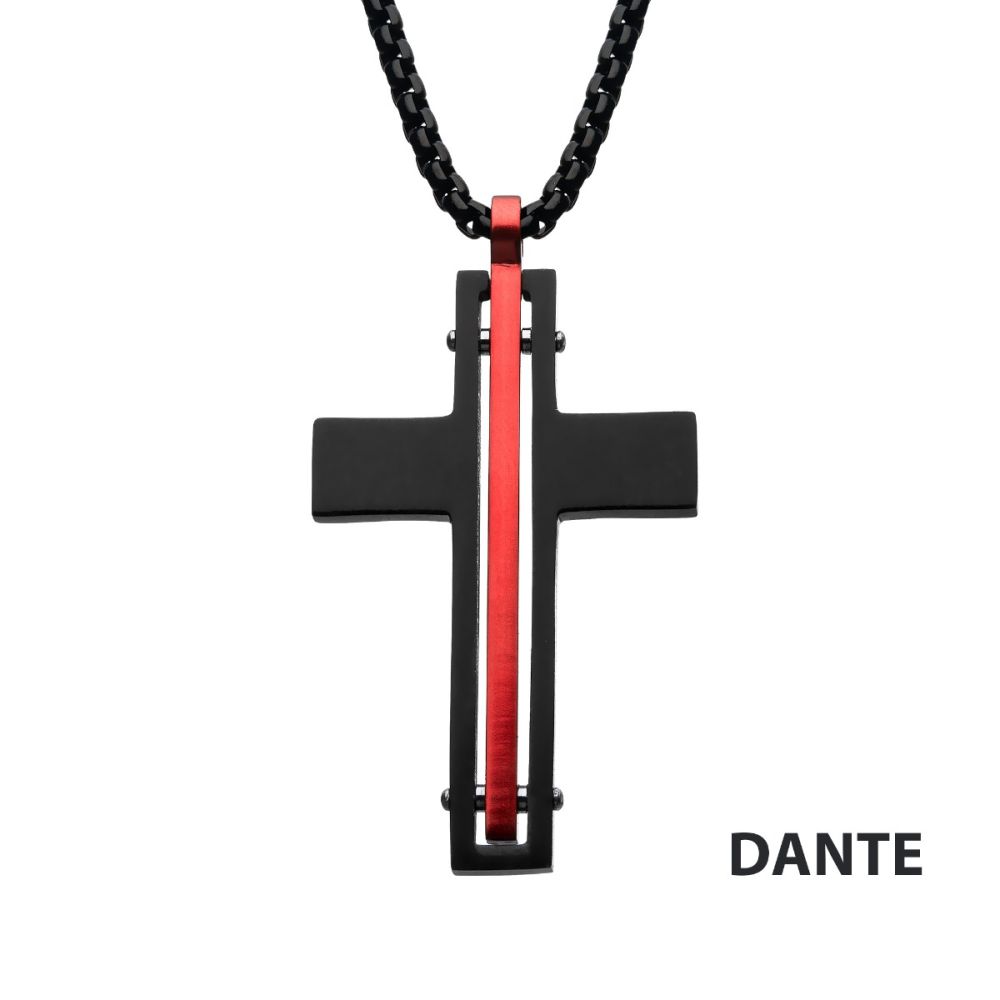 Dante - Black & Red Matte Thin Red Line Cross Pendant with Round Box Chain