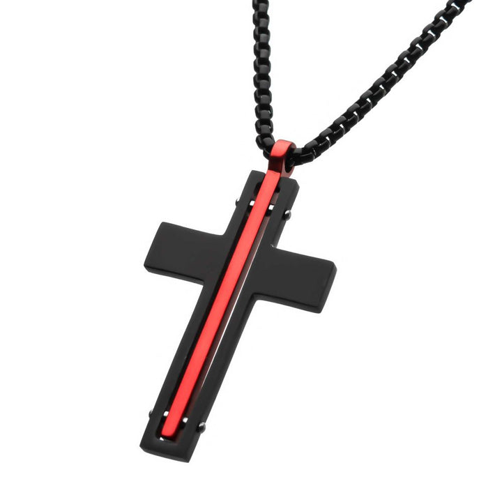 Dante - Black & Red Matte Thin Red Line Cross Pendant with Round Box Chain