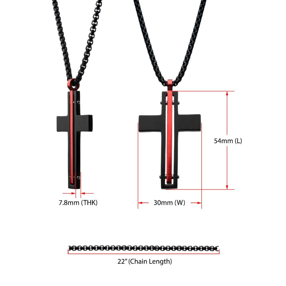 Dante - Black & Red Matte Thin Red Line Cross Pendant with Round Box Chain