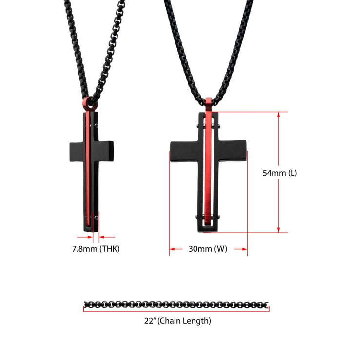 Dante - Black & Red Matte Thin Red Line Cross Pendant with Round Box Chain