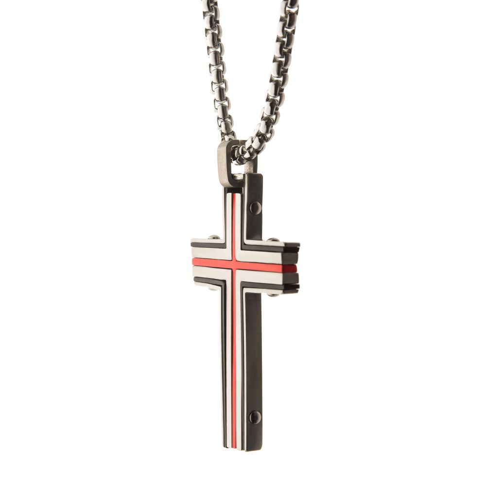 Steel & Red IP Dante Cross Pendant with Chain