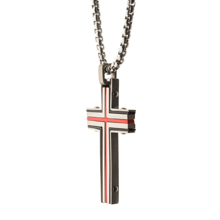 Steel & Red IP Dante Cross Pendant with Chain