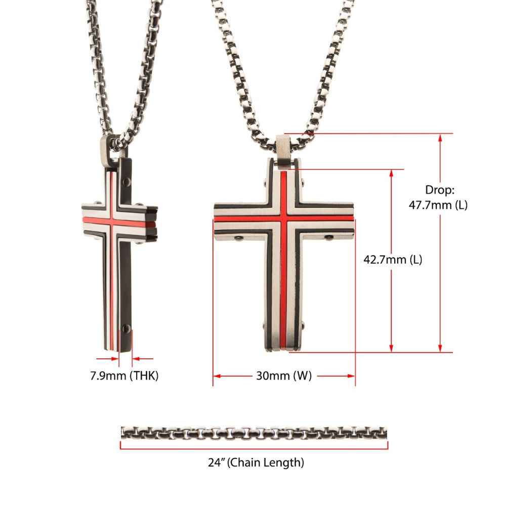 Steel & Red IP Dante Cross Pendant with Chain