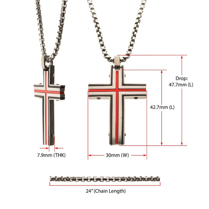 Steel & Red IP Dante Cross Pendant with Chain