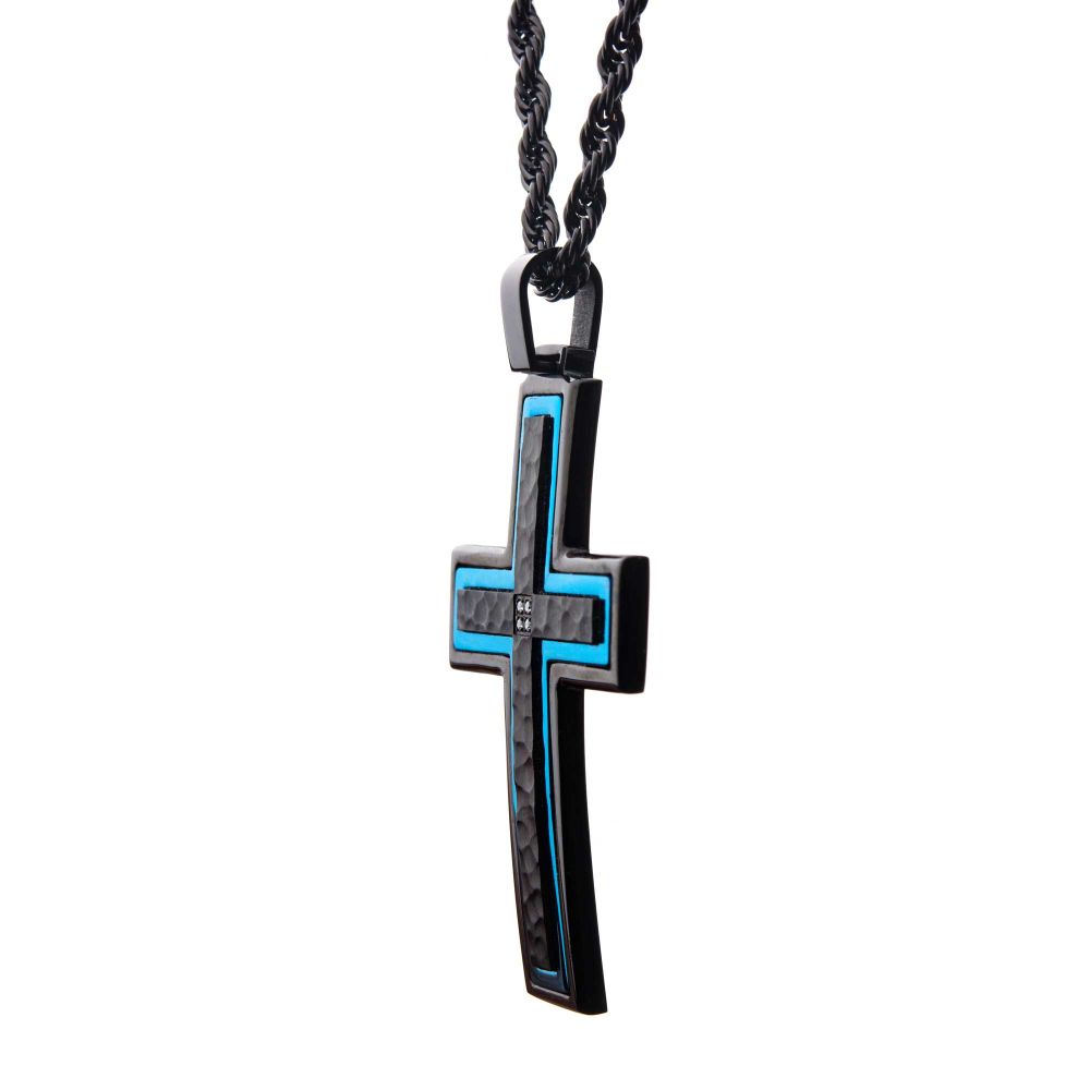 Hammered Blue Line Cross with CZ Stainless Steel Pendant