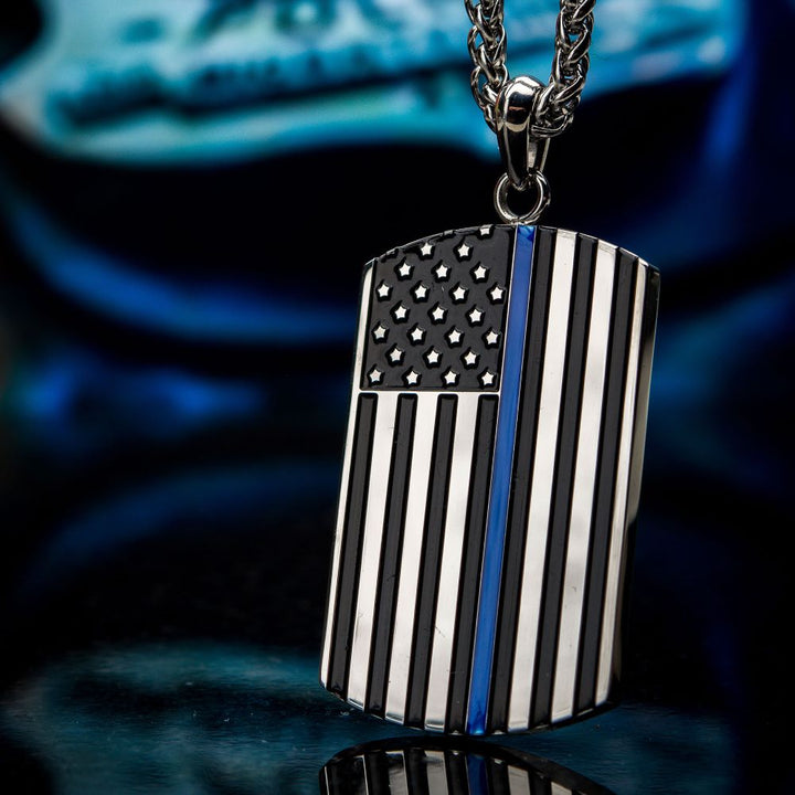 Thin Blue Line American Flag Police Officer Military Style Dog Tag Enamel Pendant
