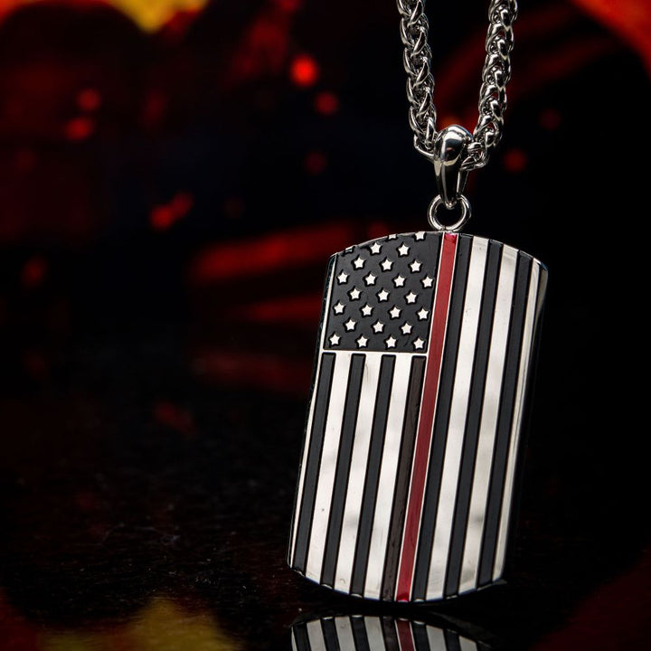 Thin Red Line American Flag Firefighter Military Style Dog Tag Enamel Pendant
