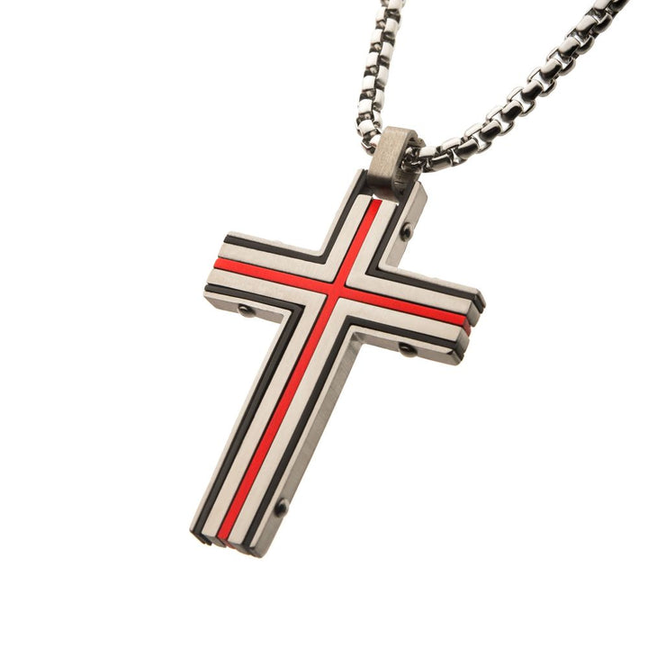 Steel & Red IP Dante Cross Pendant with Chain